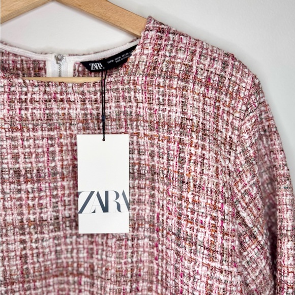 ZARA Pink Tweed Cropped Fringe Popover Top MEDIUM - Picture 2 of 5